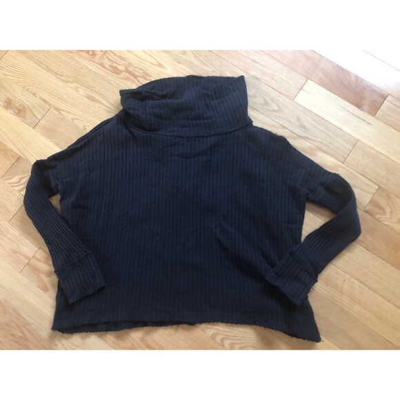 Free People Large Cozy Minimalist 100% Cotton Waffle Knit Open Back Top Black - Picture 1 of 7
